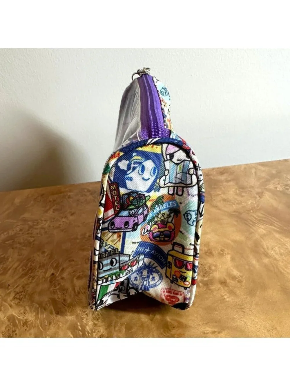 Tokidoki Trasporto Travel Print Purple PVC Cosmetic Makeup Bag Train Case Pouch